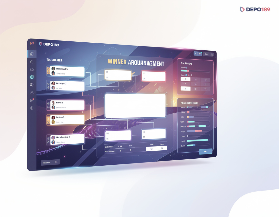 Ilustrasi winner announcement format DEPO189 dengan bracket, room match, dan bukti skor